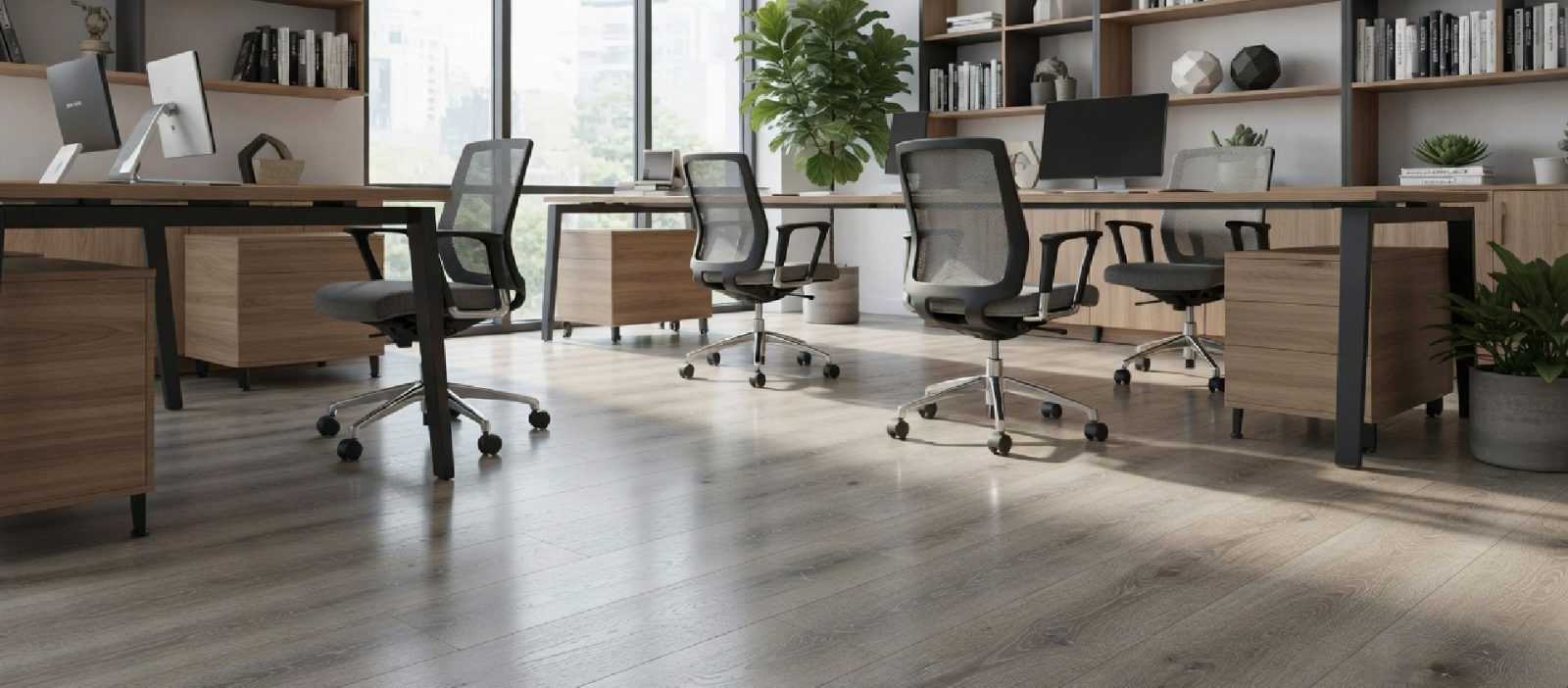 Oficina abierta con piso OSLO gris en uso comercial