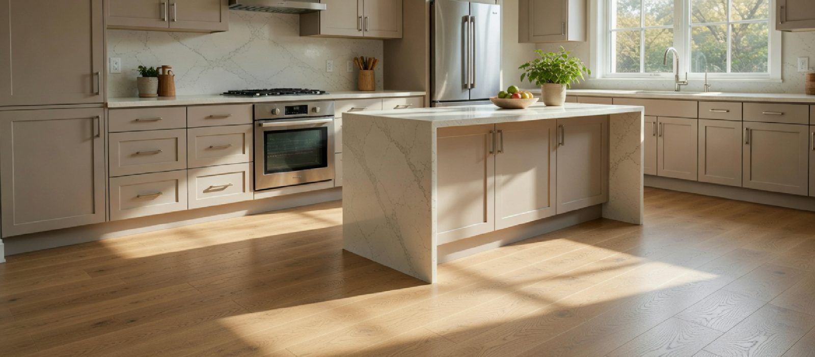 Cocina con isla y piso SANTORINI tono arena